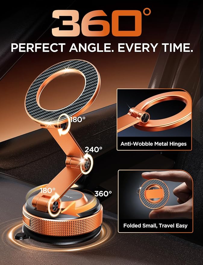 Car Phone Holder – 360° Magnetic Car Phone Mount with Metal Long Arm & Extended Reach 2026 Tesla Phone Holders for Your Car for iPhone 17 Pro Max 16 15 14 13 12 Plus, Cosmic Orange