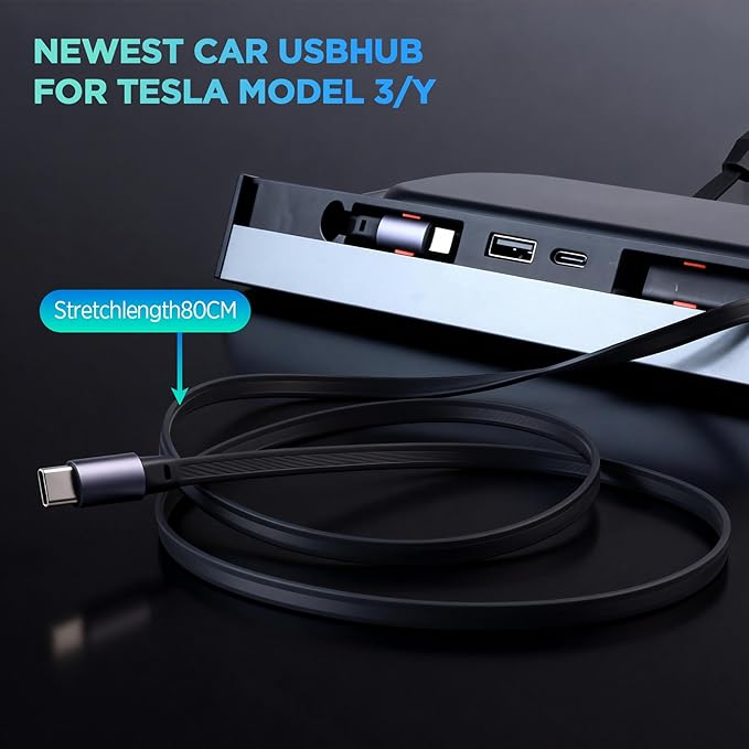 Waterproof USB Hub for Tesla Model 3 and Model Y - 2023/2022/2021 Dock with 4-Port Retractable Charging Cable Supporting Fast Charging (not Compatible with 2024 Model 3)