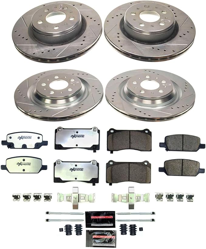 PowerStop Front and Rear Brake Kit For Tesla 3 2017-21 - Carbon Fiber Ceramic Brake Pads + Drilled & Slotted Rotors Upgrade, K8904-26