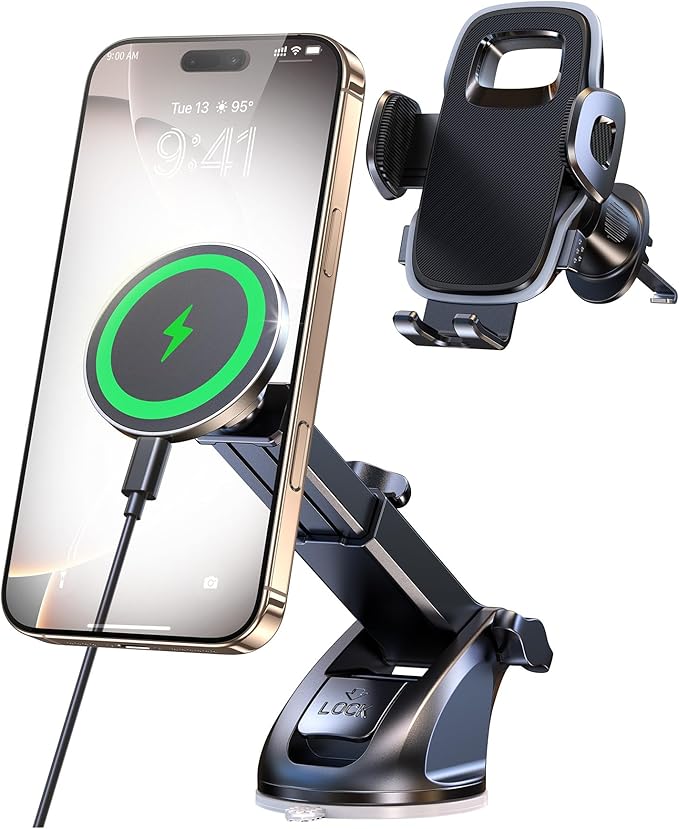 New 2025 Vacuum Magnetic Phone Suction Holder, 15W Wireless Charger for MagSafe Car Mount & Dashboard Windshield Vent Holder, All-Weather Suction for Uber, iPhone 16/15/14 Pro Max Plus