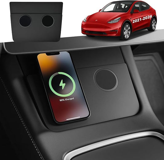 TWRAPS Dual Wireless 2x25W Phone Charger for Tesla Model Y 2021-2024 & Model 3 2021-2023 (2nd Gen) Compatible with MagSafe iPhone 17 16 15 14, Magnetic Mount Charging Pad, Center Console Accessories