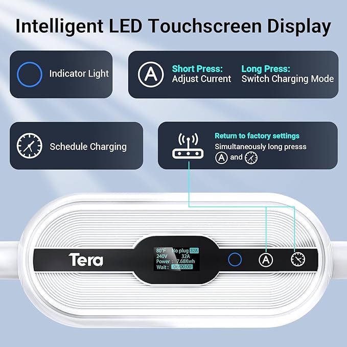 Tera Electric Vehicle Charger for Tesla: Level 1 & 2 J1772 EV Portable 32A 8A 110V 240V Wall Connector Dual Use ETL NEMA 14-50 & 5-15 Wi-Fi Enabled 25FT Cable with Holder P01