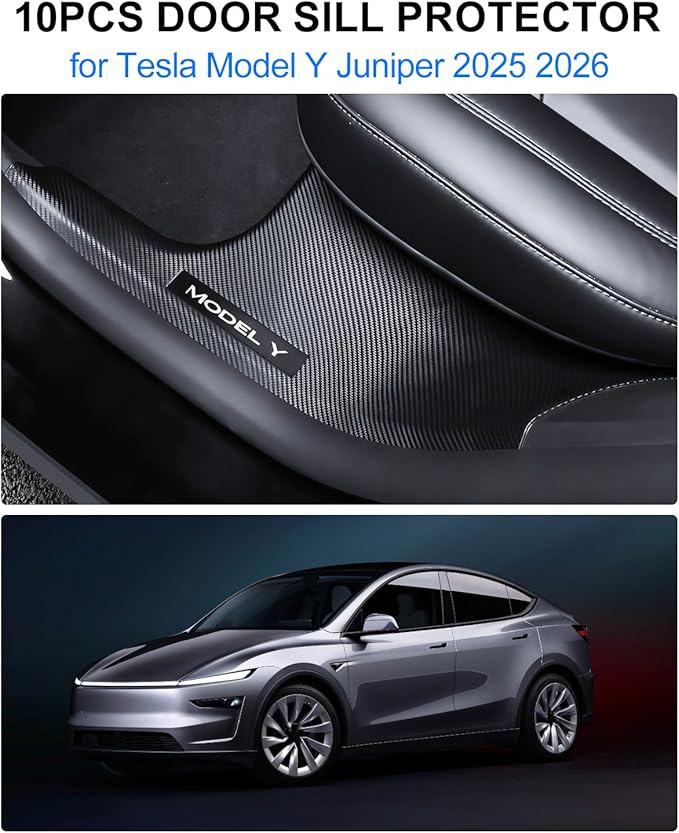 10PCS for Tesla Door Sill Protector Model Y Juniper Interior Accessories 2025-2026 Carbon Fiber Door Pedal Kick Protection Strip Guards Plate Cover ABS Front Rear Door Sill Scuff Edge Entry