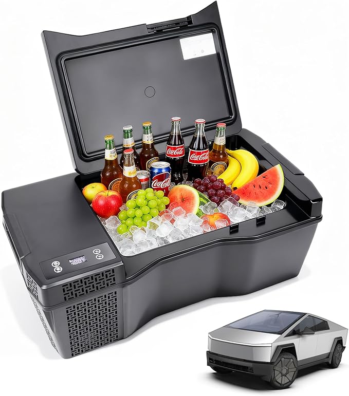 Built-in Car Refrigerator Compatible with Tesla Cybertruck, 26.4Qt/25L Custom-fit Trunk Freezer, APP Control, 12/24V Low-Noise Compressor Cooler, Hidden Electric Fridge for Camping & Road Trips