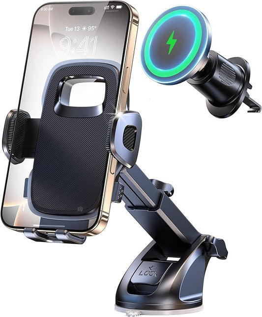 New 2025 Vacuum Magnetic Phone Suction Holder, 15W Wireless Charger for MagSafe Car Mount & Dashboard Windshield Vent Holder, All-Weather Suction for Uber, iPhone 16/15/14 Pro Max Plus