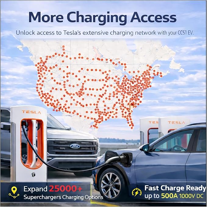 NACS to CCS Adapter for Fast Charging CCS1 EV in Tesla V3/V4 Supercharger, Max 500A 1000V NACS DC Adapter for Road Trip Charge Backup, Dual Locks for Sturdy Secure Connection