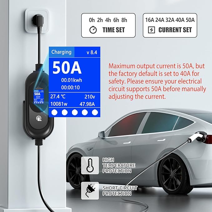 Level 2 EV Charger 50A 240V Portable EVSE 45 Miles Per Hour Fast Charging, NEMA 14-50 Plug, 25FT Cable, SAE J1772 Compatible, Smart LCD Delay Timer, Home Outdoor Use