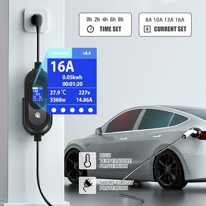 Portable Level 1 & Level 2 EV Charger, 40FT Cable, 16A Adjustable EVSE with LCD Display, NEMA 6-20 to 5-15 Plug, ETL & FCC Certified, SAE J1772 for Home & Emergency Charging