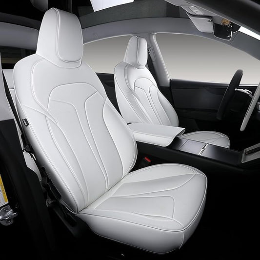 Custom Fit Seat Covers for 2025 2026 Tesla Model Y Juniper (5-Seater), Waterproof Breathable Nappa Leather, OEM Factory Style Full Set Car Seat Protectors Airbag Compatible - White