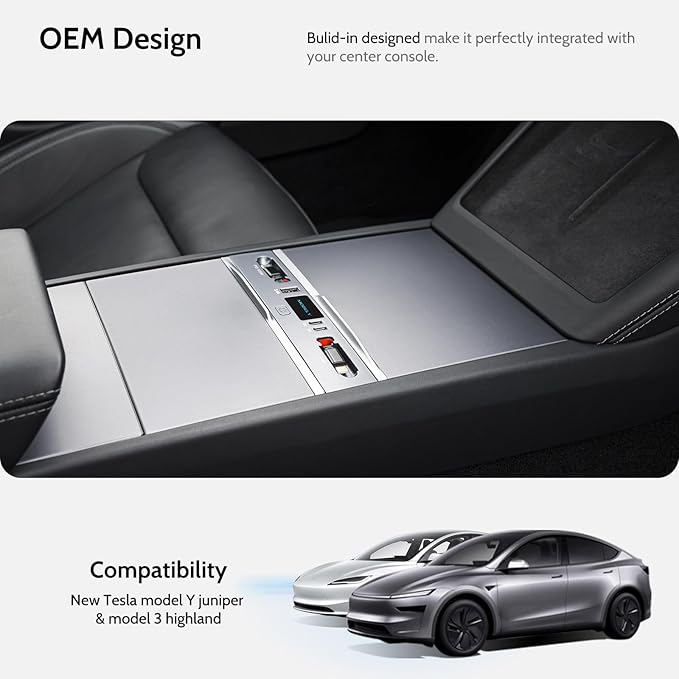 125W Max Retractable USB Hub, Tesla New Model Y Juniper (2026/2025) Accessories, Super Fast Charger Up 65W for MacBook Pro/Air/iPhone 16/15/Samsung Series, 5 in 1 Docking Station