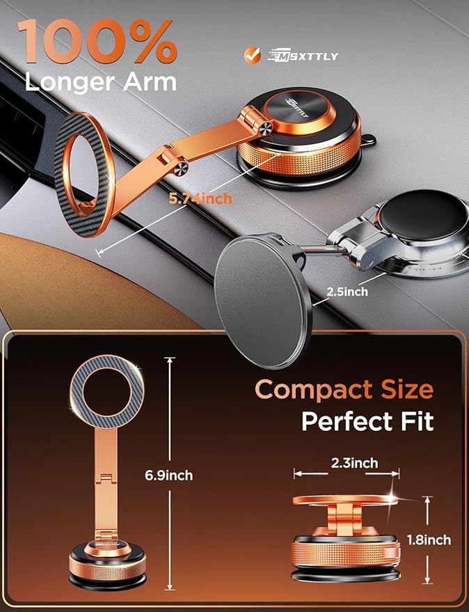 Car Phone Holder – 360° Magnetic Car Phone Mount with Metal Long Arm & Extended Reach 2026 Tesla Phone Holders for Your Car for iPhone 17 Pro Max 16 15 14 13 12 Plus, Cosmic Orange