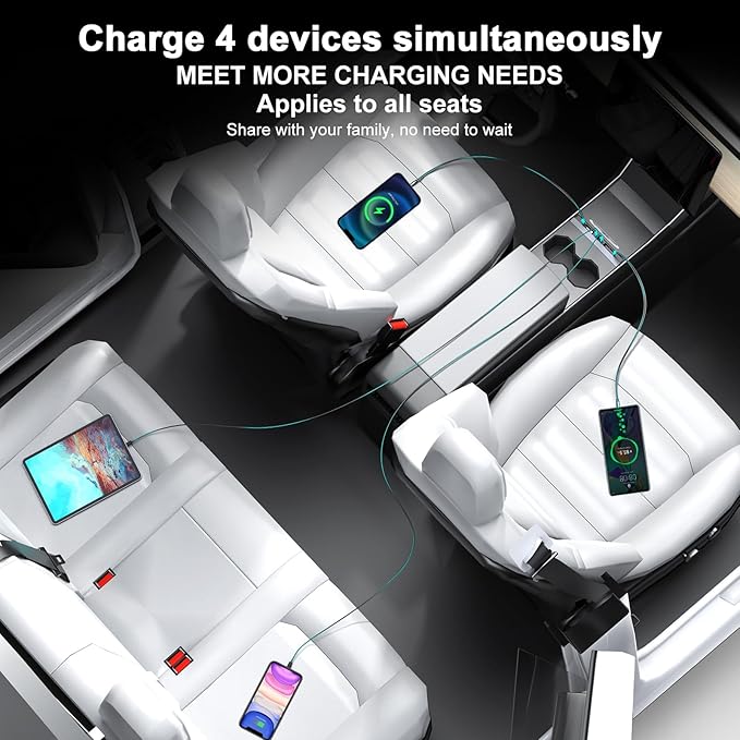 Upgrade Tesla USB Hub for Tesla Model 3&Y Waterproof - 4Ports Fast Chargr for Model Y/3 Accessories 2023 2022 2021 Retractable Docking Station, 2 Type-C Fast Charging Cables (Not Fit Model 3 2024)