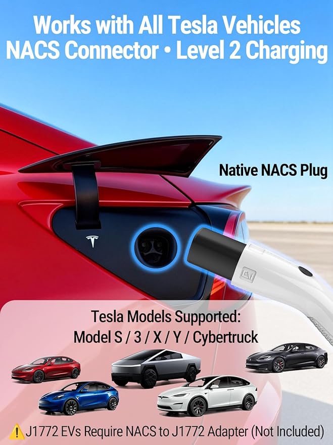 Tesla Charger 50Amp- Level 2 EV Charging Station with 25FT Cable, NEMA 14-50 Plug, LCD Display, Delay Timer for Model S/3/X/Y/Cybertruck - Portable, Fast & Safe Home/Outdoor Charging