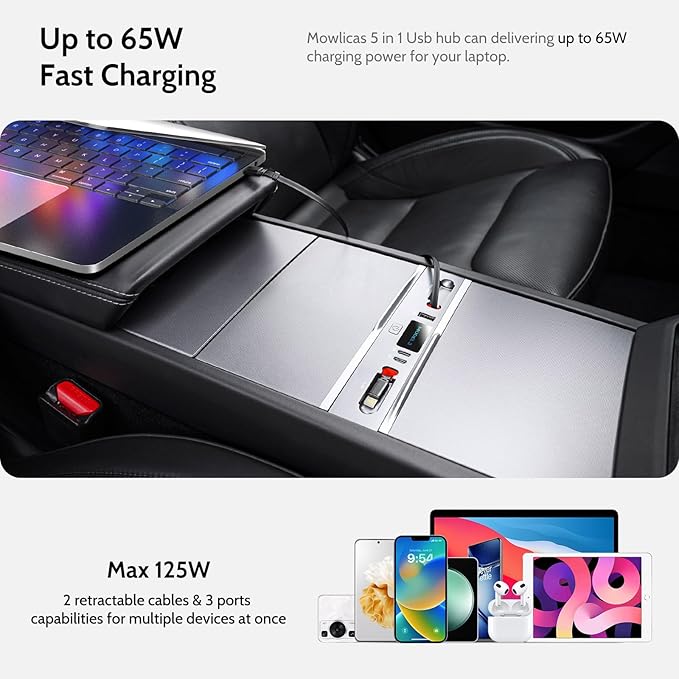 125W Max Retractable USB Hub, Tesla New Model 3 Highland (2025/2024) Accessories, Super Fast Charger Up 65W for MacBook Pro/Air/iPhone 16/15/Samsung Series, 5 in 1 Docking Station