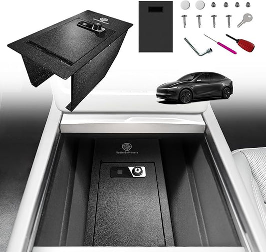 VaultsOnWheels for 2026+ Tesla New Model Y Juniper Center Console Safe Gun Safe Vault Hidden Console Storage LockBox Anti-Theft Pry-Proof HighSecurity Biometric Fingerprint Lock(Not fit Standard Trim)