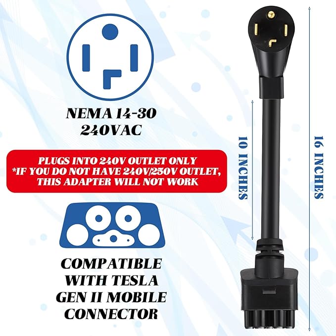 16" Adapter Compatible with Tesla Gen 2 Mobile Portable Charger Connect Mobile Charger to Handle(not Compatible with Pre-2018 Model S/x Vehicles)(14-30p)