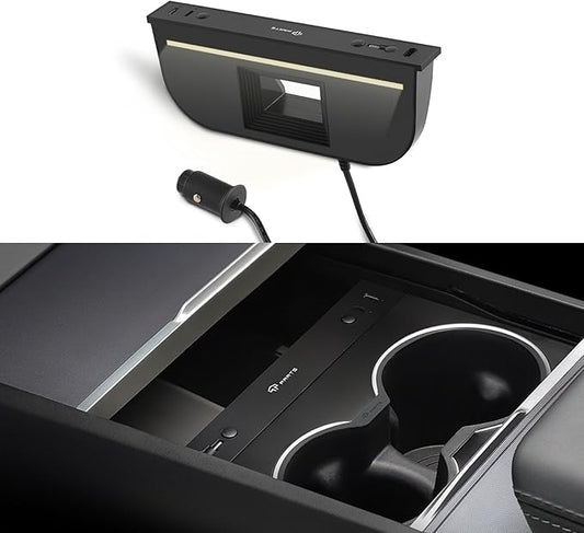 TPARTS Muti-Ports USB Hub for Tesla Model 3 Highland 2024-2026/Model Y Juniper 2025-2026, Center Console Hidden Charger with Retractable Cable Interior Accessories Charging Hub(Premium/Performance)