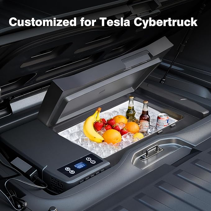 Built-in Car Refrigerator Compatible with Tesla Cybertruck, 26.4Qt/25L Custom-fit Trunk Freezer, APP Control, 12/24V Low-Noise Compressor Cooler, Hidden Electric Fridge for Camping & Road Trips