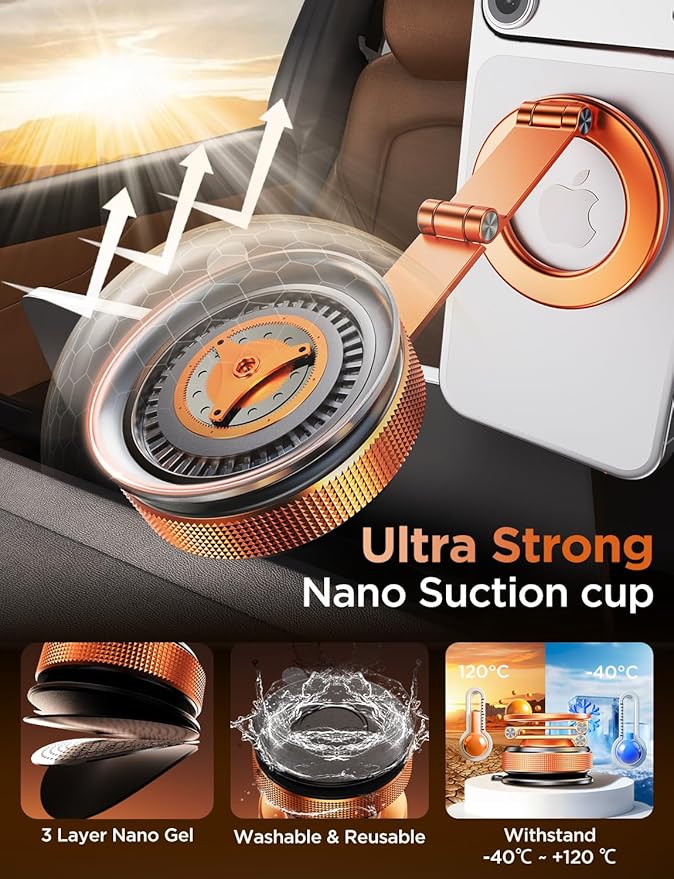 Car Phone Holder – 360° Magnetic Car Phone Mount with Metal Long Arm & Extended Reach 2026 Tesla Phone Holders for Your Car for iPhone 17 Pro Max 16 15 14 13 12 Plus, Cosmic Orange