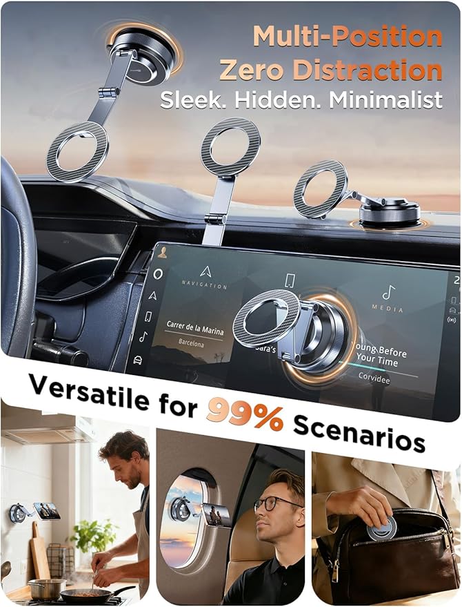 Car Phone Holder 360° Adjustable Tesla Magnetic Phone Mount Foldable Car Mount 2026 Zinc-Alloy Magsafe Phone Holders for Your Car for iPhone 17 Pro Max 16 15 14 13 12 Plus,Carbon Fiber