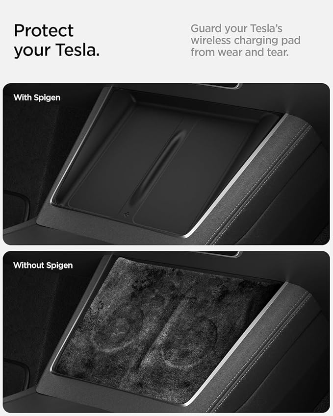 Spigen Ultra-Thin Wireless Charging Pad [Unobstructed Charging] Protective Silicone Mat Cover Accessories for 2025-2026 Tesla Model Y Juniper Premium/Performance - Black