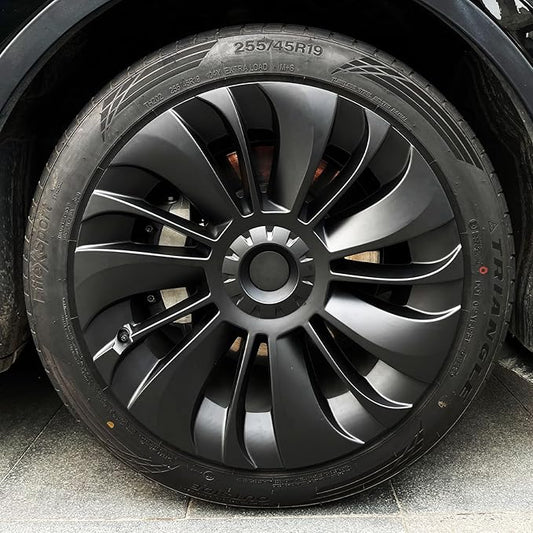 KAVANIC 4PCS Wheel Covers Fits for Model Y 19 inch Multi-Spoke Style, Matte Black ABS Hubcaps Fits for Tesla Y 19" Gemini Wheels 2020-2024, Long Range Support Logo Symmetry Design (RWD/AWD)