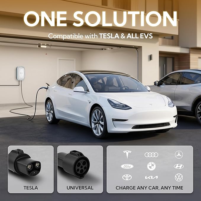 RIPPLEON Level 2 EV Charger - Dual Plug Type Universal Wall Connector Nema Plug-in - Compatible for All North American EVs - 48Amps 240V Tesla Wall Charger, UL, FCC, Energy Star Certified Grey