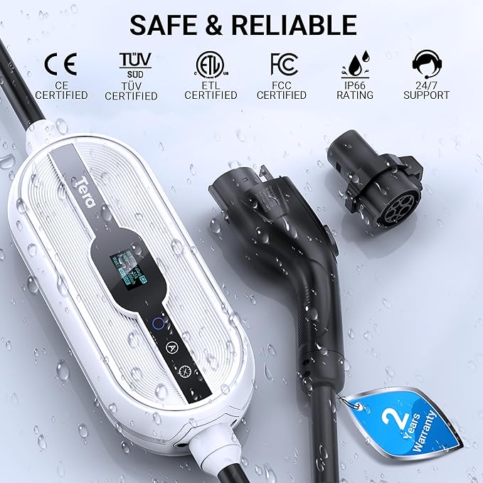 Tera Electric Vehicle Charger for Tesla: Level 1 & 2 J1772 EV Portable 32A 8A 110V 240V Wall Connector Dual Use ETL NEMA 14-50 & 5-15 Wi-Fi Enabled 25FT Cable with Holder P01