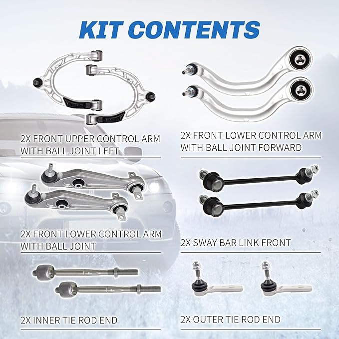 Suspension Front Upper and Lower Control Arm Kit Compatible With 2017-2021 Tesla Model 3, Sway Bar Link, Outer Tie Rod End & Inner Tie Rod End