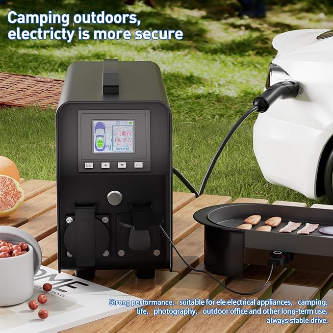 3KW EV Discharger V2L Adapter Discharge Gun Compatible with Tesla Model 3/Y/S/X After May 2019 NACS Standard Battery Protection 120V Output LCD Display Outdoor Camping Emergency