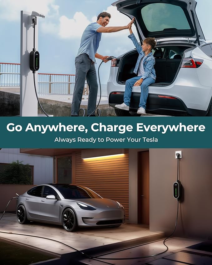 Ecogenix Level 1/2 Tesla Mobile Charger, 16A/110V-240V Portable Home Charging Cable for Model 3/Y/S/X, Adjustable Amps, Apartment-Friendly, 21ft Tesla Universal Charger with NEMA 5-15 & 6-20 Plug
