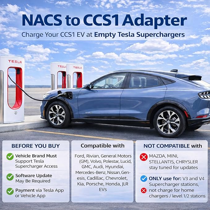 NACS to CCS Adapter for Fast Charging CCS1 EV in Tesla V3/V4 Supercharger, Max 500A 1000V NACS DC Adapter for Road Trip Charge Backup, Dual Locks for Sturdy Secure Connection