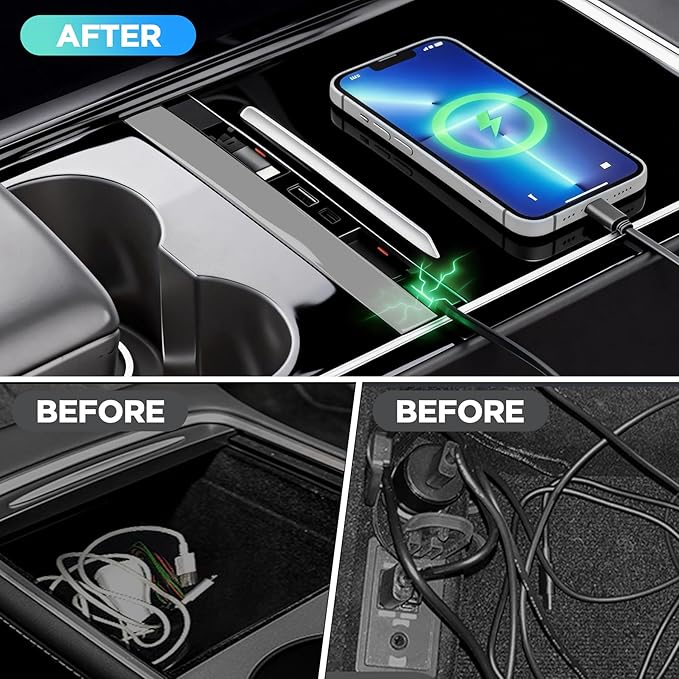 Waterproof USB Hub for Tesla Model 3 and Model Y - 2023/2022/2021 Dock with 4-Port Retractable Charging Cable Supporting Fast Charging (not Compatible with 2024 Model 3)