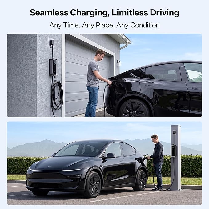 Level 2 EV Charger,Tesla EV Charger NACS 32A with 25FT Extension Cord Cable,Enhanced WiFi Smart App,240V NEMA 14-50 Plug Compatible with All Tesla Models X/Y/3/S,UL,ETL,FCC Certified