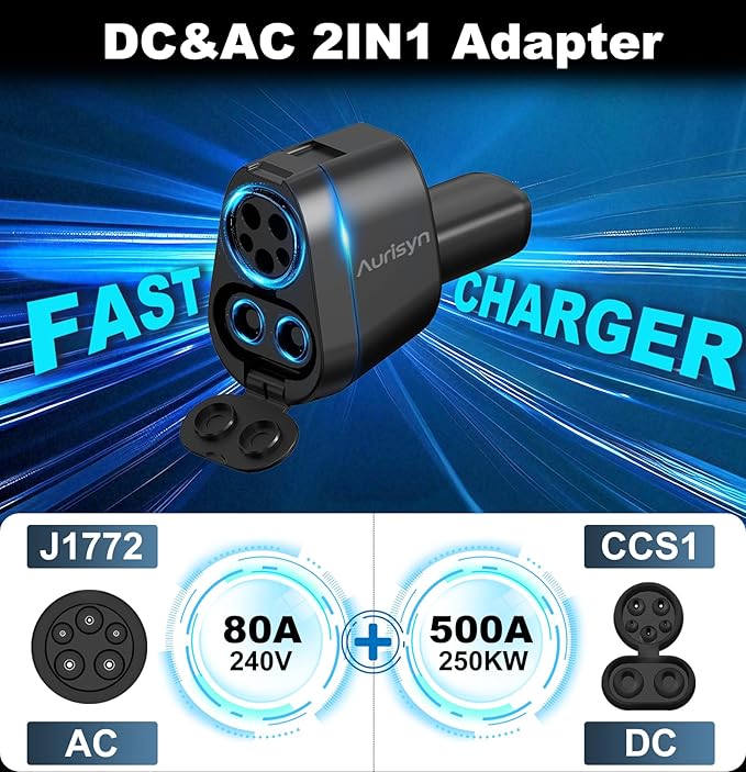 Aurisyn 2-in-1 CCS1 to Tesla & J1772 to NACS Adapter, 250kW 500V Fast Charging for Tesla Model 3/Y/X/S/Cybertruck, Compatible with ChargePoint/EVgo/Electrify America, CCS & J1772 Charging Stations