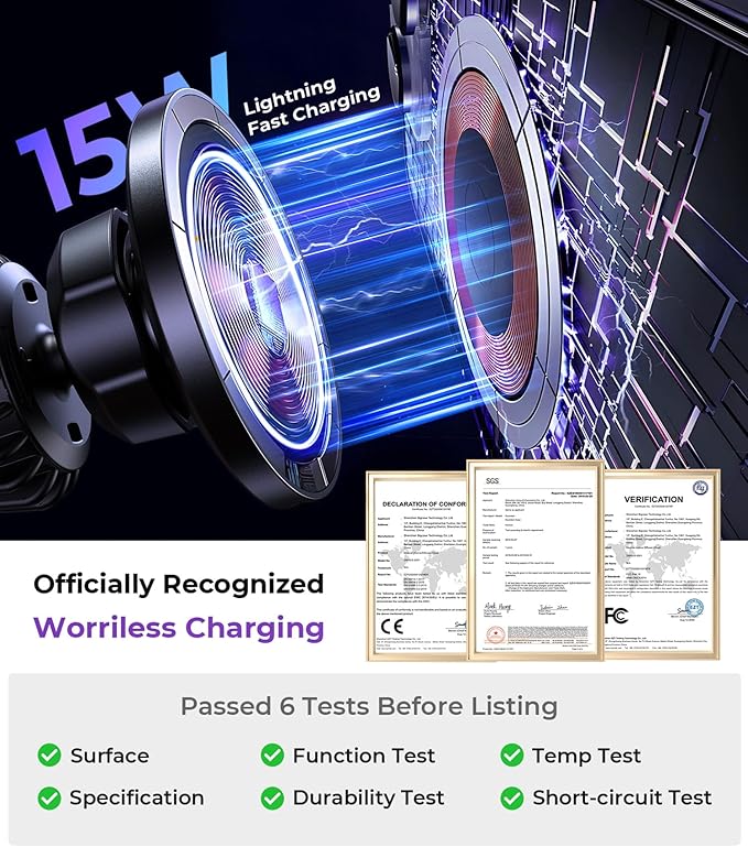 for MagSafe Car Mount Wireless Charger, 2-in-1 Dashboard and Air Vent Mount, Strong Adhesive, Heat Resistant, 360° Rotation, Magnetic Phone Holder for Your Car Accessories for iPhone 16/15 Pro Max