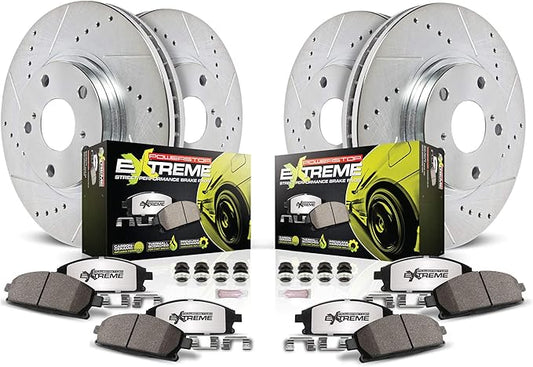 PowerStop Front and Rear Brake Kit For Tesla 3 2017-21 - Carbon Fiber Ceramic Brake Pads + Drilled & Slotted Rotors Upgrade, K8904-26