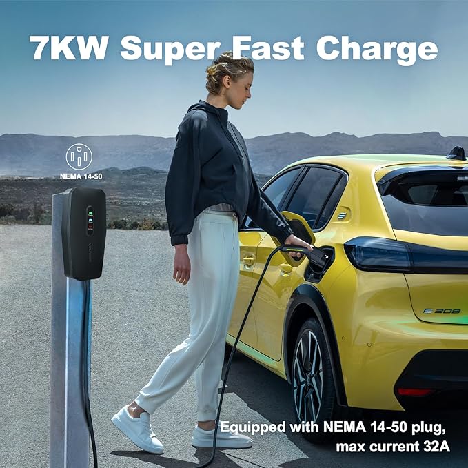 Level 2 EV Charger, 32A/7KW Electric Vehicle Portable Charger with 28FT Cable, Home EV Charging Station, 240V NEMA 14-50 Plug, for All SAE J1772