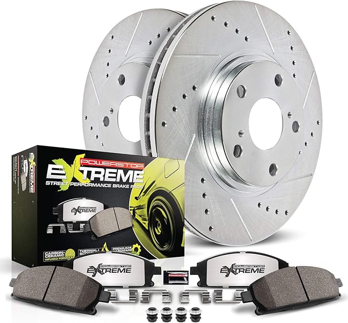 PowerStop Front Brake Kit For Tesla S 2012-21 | Tesla X 2016-21 - Carbon Fiber Ceramic Brake Pads + Drilled & Slotted Rotors Upgrade, K6798-26