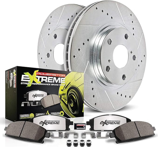 PowerStop Front Brake Kit For Tesla S 2012-21 | Tesla X 2016-21 - Carbon Fiber Ceramic Brake Pads + Drilled & Slotted Rotors Upgrade, K6798-26