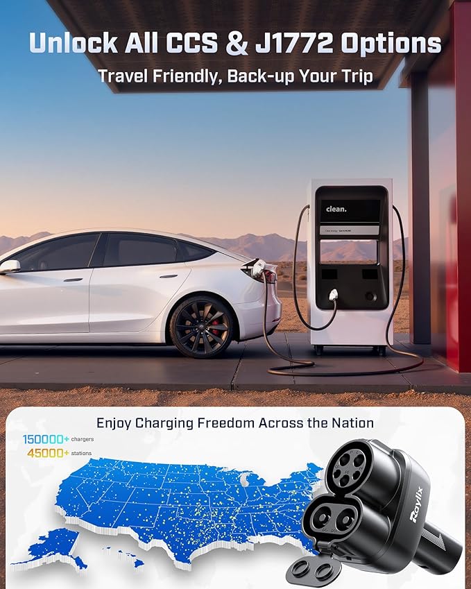 Raylix 2In1 CCS & J1772 to Tesla Adapter, Only Fit for Tesla Model Y 3 X S (2021-2026) & NACS EVs, Fast 250kW Charging, CCS to NACS Adapter, Compatible with DC Level 3 & AC Level 1/2 Charging Stations