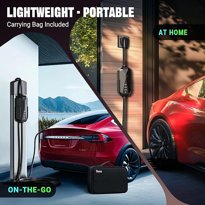 Tera 2025 New Level 2 Charger for Tesla Most Compact 32A 25FT NACS ETL FCC NEMA 14-50 Plug & NEMA 5-15 Level 1 Waterproof Patent IP66 Lightweight Portable EV Charger for Tesla Y/3/S/X Cybertruck P04