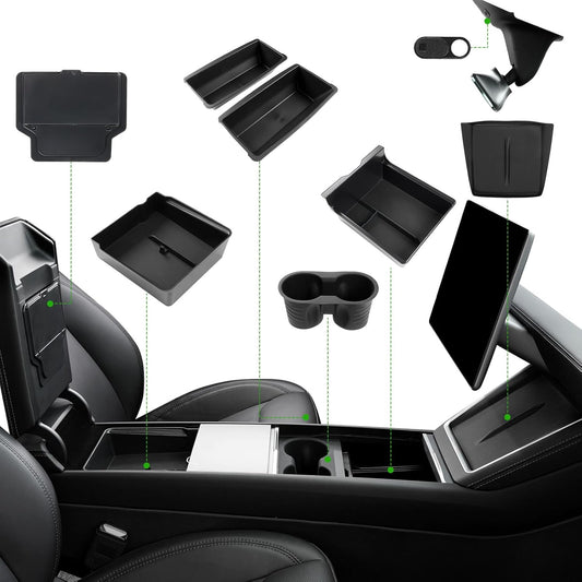 10PCS Center Console Organizer Tray for 2025 2026 Tesla Model Y Juniper Accessories, under Seat Storage Armrest Hidden Storage Box Cup Holder Charger Pad for Tesla Model Y Juniper (Not Fit Standard)