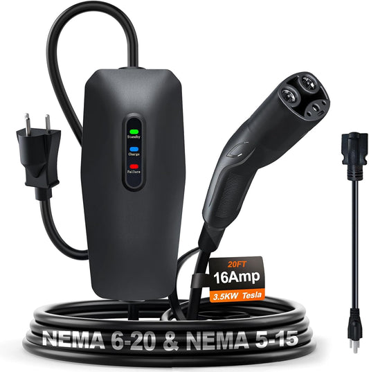 Level 1&2 Tesla Charger 2026 Upgraded, Level 1 Ev Charger for Tesla with 20FT Cable, 3.5KW 16Amp, 110V-240V, NEMA 6-20 & 5-15, NACS Connector, Portable Electric Car Charger for Tesla Models Y/X/3/S