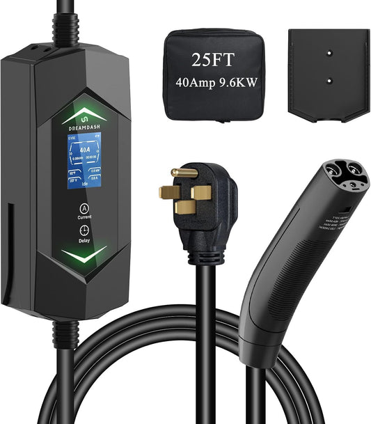 Level 2 Ev Charger for Tesla,Nacs Ev Charger with 25Ft ETL Listed Cord,6A-40A Adjustable Amps,40A 9.6KW Fast Charging(110V-240V),Nema 14-50 Plug,Ip66 Waterproof Delay Timer LCD Display